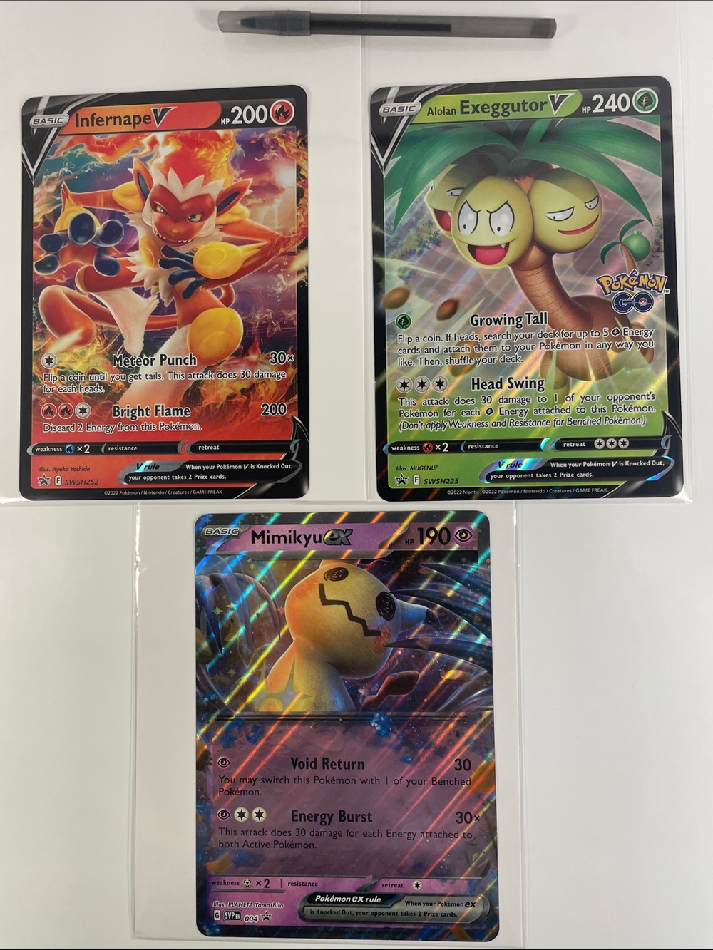 Jumbo Pokemon Trading Cards-Mimikyu ex, Infernape V and Alolan Exeggutor V